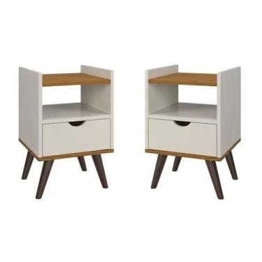 Imagem de Kit 2 Mesas De Cabeceira Quarto Retrô Pés Palito Com Nicho e 1 Gaveta 