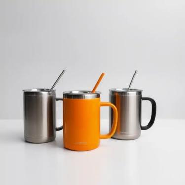 Imagem de Caneca Térmica Parede Dupla em Aço Inox Laranja 500ml com Canudo - Estilo Minimalista