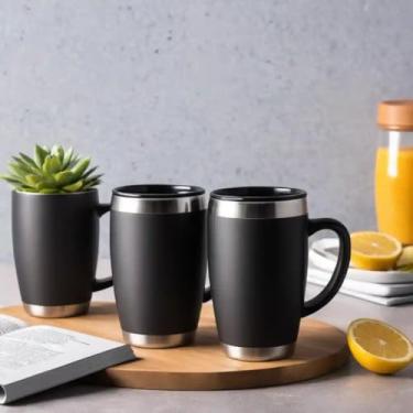 Imagem de Caneca Térmica Parede Dupla em Aço Inox Preta 400ml com Base Antiderrapante - Estilo Texturizado