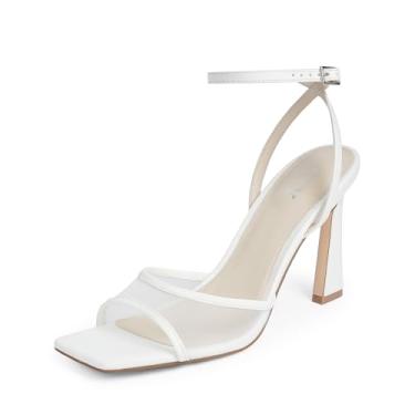 Imagem de QIY Sandálias femininas de salto com tiras e salto quadrado, tira no tornozelo, malha stiletto, salto alto, Malha branca, 39