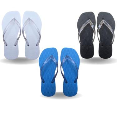 Imagem de Chinelo Ortopedico Feminino,Kit 3 Chinelos Feminino Quadrado de Borracha Correia de Glitter SandáLia Rasteirinha ConfortáVel(Preto, Branco, Azul,numeric_34)