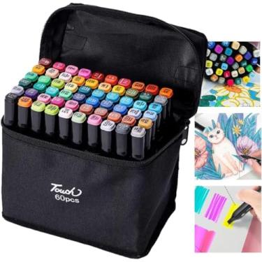 Imagem de Estojo Premium Caneta Ponta Dupla Tiktok Tampa por Cores Marcador Touch Permanente Canetinha Ponta Dupla para Desenho Lettering Profissional e Escolar Livros de Colorir Crianças (60 Cores)