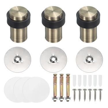 Imagem de PATIKIL 3 conjuntos de batentes de porta redondos, batente de porta de aço inoxidável de 60 mm cunha cilindro de metal autoadesivo com parafuso para parte inferior do piso da porta interna, bronze
