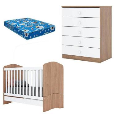 Imagem de Berço Bala De Menta E Cômoda Infantil Pique-esconde Rústico Branco Com Colchão Ortobom – Henn