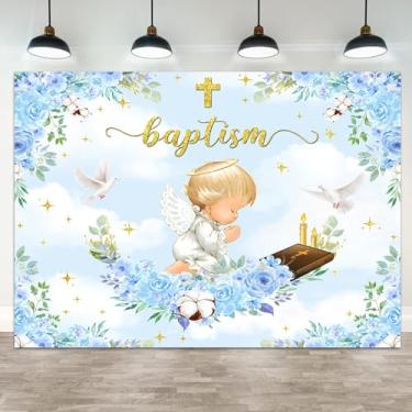 Imagem de ASDCXZ Pano de fundo dourado para chá de bebê, 2,7 x 1,8 m, cruz sagrada, fundo fotográfico, batismo, rosas azuis, folhas verdes, anjo de pomba branca, decoração com glitter para meninos