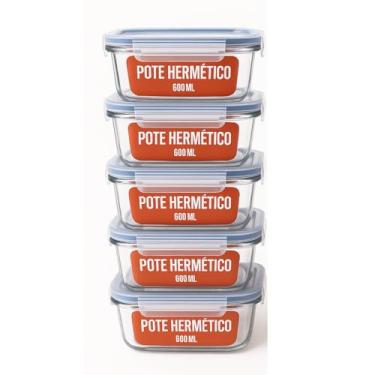 Imagem de KIT 05 Potes de Vidro Retangular com Tampa Hermética 640ml Cor:Sortido