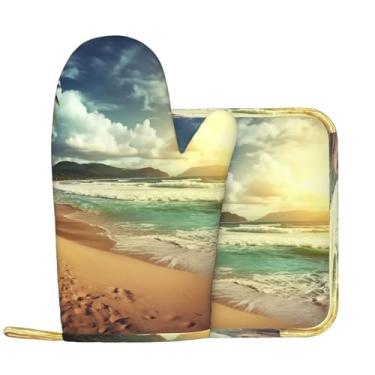 Imagem de Conjunto de 2 peças de luvas de forno e suportes de panela para pôr do sol na praia, luvas de silicone antiderrapantes, luvas de forno de cozinha resistentes ao calor e prateleiras para panelas