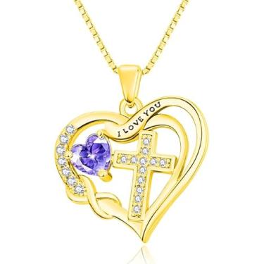 Imagem de VANAODUC Colar feminino com cruz infinita com pedra do mês de nascimento, ouro 14K, ouro branco 18K, ouro rosa, pingente feminino I Love You, presente de aniversário e Natal para sua mãe e esposa