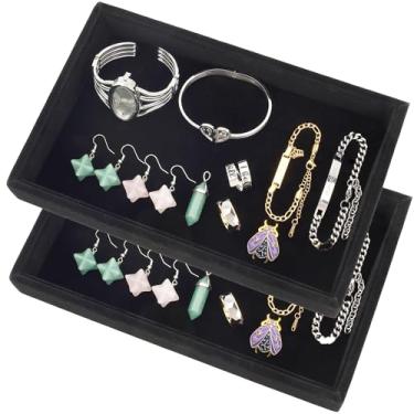 Imagem de Mornajina 2 bandejas de veludo de 23 cm x 14,5 cm, bandeja de exibição de joias, bandejas empilháveis de pratos vazias para brincos, colares, pulseiras, anéis, exibição - preto