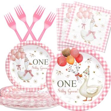 Imagem de Artigos de festa de aniversário Pink Silly Goose para 20 convidados – guardanapos e garfos com pratos de guingão rosa – Conjunto de utensílios de mesa descartáveis com tema animal de fazenda para