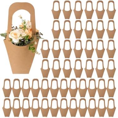 Imagem de Yuanan Pacote com 50 sacos de papel de embrulho de buquê de flores com alças, suprimentos de barra de flores kraft para casamentos, aniversários, eventos - porta-buquê de flores para buquê de bar