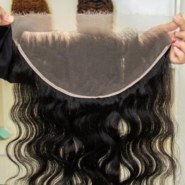 Imagem de KRN 13x6 Real HD Lace Frontal Body Ondulado, Ultra Fino Renda Invisível Cabelo Humano Preto Natural 12A Cabelo Virgem Brasileiro Nó Único HD Frontal 33x15 Pré-Arrancado com Cabelo de Bebê 35 cm