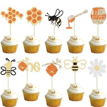 Imagem de Gyufise 30Pcs Bee One Cupcake Toppers Glitter Honeycomb Number 1 Bee Cupcake Picks 1st Birthday Decorations for Bumble Bee Theme Baby Shower Kids Boys Girls First Birthday Party Supplies