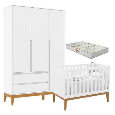 Imagem de Berço Americano Unique E Guarda Roupa 3 Portas Nature Clean Branco Soft Eco Wood Com Colchão Gazin – Matic