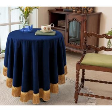 Imagem de F-CHU Toalha de mesa azul grossa de veludo com lindas borlas douradas, toalha de mesa vintage para decoração de casa, casamento, festa, banquete e eventos, redonda de 178 cm