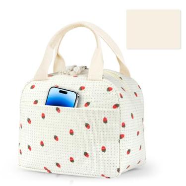 Imagem de Manuqia Lancheiras fofas com jogo americano para mulheres, lancheira com isolamento de veludo cotelê grande capacidade, bolsa térmica reutilizável para lancheira, trabalho, viagem, piquenique (morango