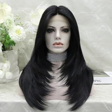 Imagem de IMSTYLE Peruca frontal de renda preta: Peruca sintética em T, peruca de cabelo liso com corte de lobo/corte em camadas, peruca de 61 cm