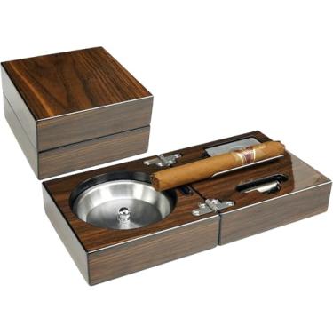 Imagem de Conjunto De Cinzeiro De Charuto De Madeira Com Cortador E Punção De Alta Luminosidade Dobrável Coleção Compacta Presente, Brown, Silver, One Size