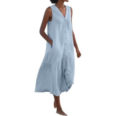 Imagem de Primavera Verão Sem Mangas Vestido De Linho De Algodão Vestidos De Verão Para Mulheres Sem Mangas Bolsos Férias Maxi Vestidos, Light Blue, L