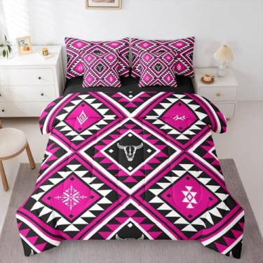 Imagem de Erosebridal Conjunto de edredom Queen rústico do sudoeste, rosa choque, boêmio, ocidental, para meninas adolescentes, touro, tribal, boêmio, asteca, tribal, boêmio, geométrico, diamante