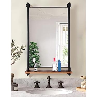 Imagem de OLDRAINBOW Prateleiras de madeira com espelho de tubo industrial, espelho de quarto com prateleira, espelhos de parede retangulares de ferro para sala de estar quarto (88 x 59,9 cm)