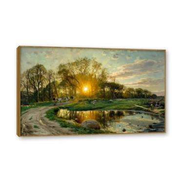 Imagem de NHLDZYH Moldura externa de teca. Famosas pinturas a óleo (paisagem 11) por Peder Mork Monsted, reprodução impressa em tela, arte de cenário para decoração de sala de estar. 60 x 96 cm - 23,7 x 37,7