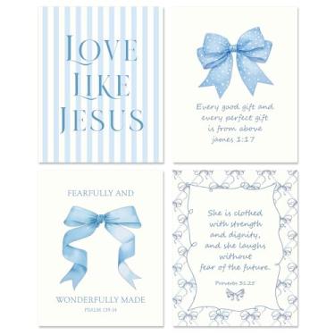 Imagem de Pôster de arte de parede de Jesus com laço azul cristão - 20 x 25 cm, sem moldura, conjunto de 4, impressões de versículo da Bíblia para casa, quarto, banheiro, dormitório, decoração