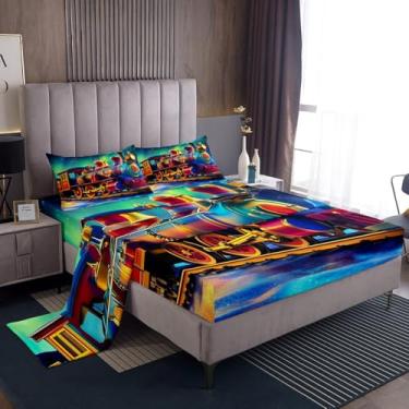 Imagem de Erosebridal Jogo de lençol casal com trem a vapor, trem aurora, veículo de transporte ferroviário, luzes do norte, 4 peças, decoração de quarto