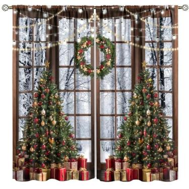 Imagem de Cortinas de Natal rústicas, grinalda floral vintage sonhadora de árvore de Natal com estampa de floresta nevada de inverno, tratamentos de janela, cortinas blackout com bolso para varão, para sala de