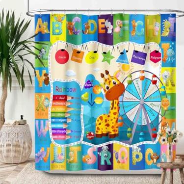 Imagem de Lnepty Cortinas de chuveiro com alfabeto azul, desenho animado, colorido, ferramentas de aprendizagem, educação, tecido impermeável, conjunto de cortina de banheiro com ganchos, 182 x 182 cm