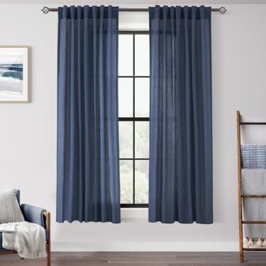 Imagem de Cortinas azul marinho 160 cm de comprimento para quarto, filtro de luz azul semitransparente, cortinas de sala de estar, linho, algodão, texturizado, azul índigo, painel moderno de cortina de casa de