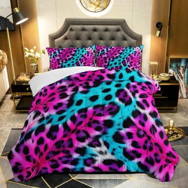 Imagem de QOOMO Conjunto de edredom casal com estampa de leopardo, 3 peças, guepardo, para adolescentes, meninos, meninas, rosa e azul, com 2 fronhas, macio e leve