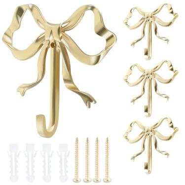 Imagem de LYIYEYAN Gancho decorativo com 4 peças, 2 tamanhos, gancho de toalha de latão resistente, multiuso, em forma de laço, ganchos de latão, gancho de parede para pendurar na parede, para banheiro, quarto