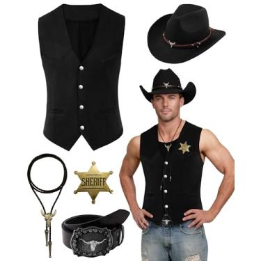 Imagem de WooHand 5 peças de roupas ocidentais para homens colete de couro de camurça cowboy chapéu gravata fivela cinto distintivo de xerife para fantasia de Halloween