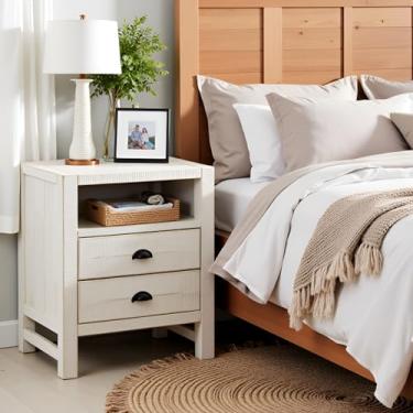 Imagem de Mesa de cabeceira rústica Windsor com prateleira aberta e 2 gavetas – Mesa de cabeceira de madeira de pinho maciça com armazenamento e deslizadores de metal da Alaterre Furniture (acabamento branco de
