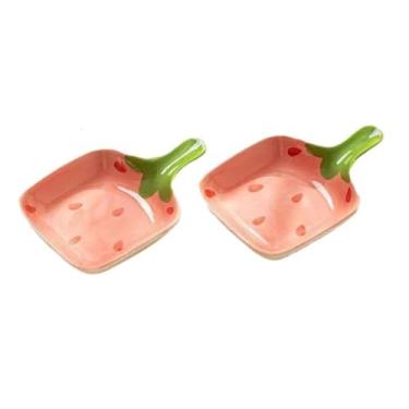 Imagem de esowemsn 2 peças de molho de cerâmica com padrão de frutas rosa, prato de servir de aperitivo com alça, tigela de molho de sushi fofa para cozinha doméstica, restaurante, óleo, vinagre, ketchup, sal