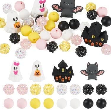 Imagem de Spritewelry 20 contas de silicone de Halloween para caneta, contas sortidas fofas de abóbora fantasma preto morcego casa strass e contas redondas para decoração fazer chaveiros, colar, pulseira