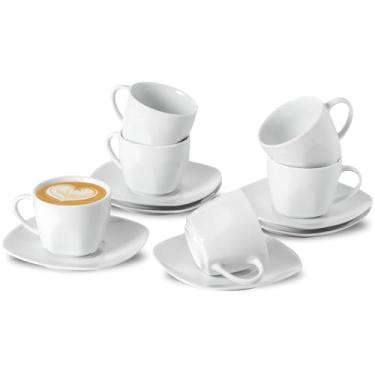 Imagem de Conjunto de 6 xícaras e pires de café expresso de porcelana de 184 g, canecas de cerâmica para cappuccino Demitasse, xícara de café empilhável quadrada com pires para café, expresso, latte, café mocha