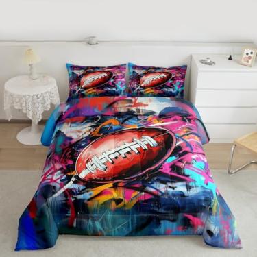 Imagem de Feelyou Conjunto de edredom de futebol americano, tamanho casal, estilo hippie, graffiti, para crianças, meninos, meninas, presente para amantes de futebol, edredom de microfibra, 3 peças com 2