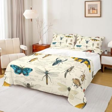 Imagem de Jogo de cama solteiro com estampa de insetos, estampa de insetos e besouros, natureza, entomológica para decoração de quarto de crianças, meninos, meninas, adultos, lençol de cima rústico, retrô, 3