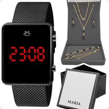 Imagem de Relogio Feminino Digital Preto + Brincos + Colar + Caixa