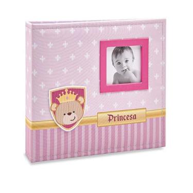 Imagem de Álbum de fotos Ical, encadernação fichário, para 100 fotos 15x21cm - envelope plástico branco - linha Bebê - capa em tecido - modelo rosa urso princesa com janela - 866