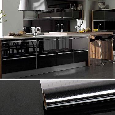 Imagem de VEELIKE Papel de parede preto brilhante de 15,7 x 236 polegadas para quarto, papel de contato preto para armários bancadas, impermeável, autoadesivo, papel de parede removível, vinil decorativo para