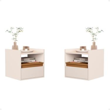 Imagem de Kit Mesa de Cabeceira Suspensa com Gaveta e Porta Basculante Design Moderno (OffWhite/Nature)