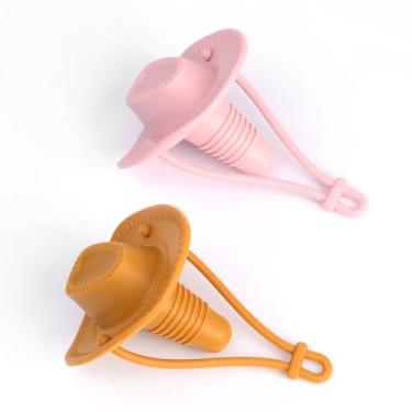 Imagem de MiiCOL Conjunto de 2 peças de rolha de vinho de silicone, cor café claro e selador de garrafa decorativo em forma de chapéu de cowboy rosa, ferramentas de bar chiques, utensílios de cozinha