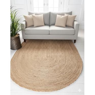 Imagem de Craft Trade Tapete de juta natural, trançado à mão, reversível, rústico, tapetes para sala de estar, quarto, decoração de casa, vintage, boho, grande, casa de fazenda, tapete de sisal - oval 1,2 x 1,8