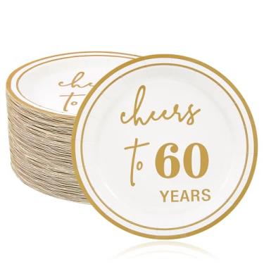 Imagem de Ottin 50 pratos brancos de papel de sobremesa de 17 cm folha dourada "Cheers to 60 Years" – Pratos descartáveis para comemorações de aniversário de 60 anos, festas de aniversário e marcos