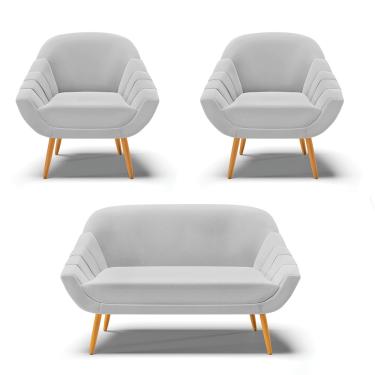 Imagem de Kit 01 Namoradeira 02 Lugares e 02 Poltronas Giovana Linho Cinza A05 Pés Palito Castanho - D'Rossi