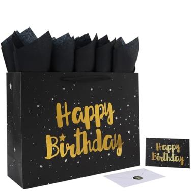 Imagem de Conjunto de sacolas de presente de feliz aniversário preto extra grande de 40 cm com alças, cartões comemorativos, lenços de papel e adesivos para homens, meninos e crianças, design de estrelas, 1