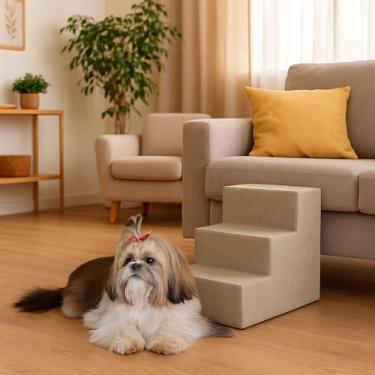 Imagem de Escada Pet Com 3 Degraus Seguro Para Animais Idosos Bege